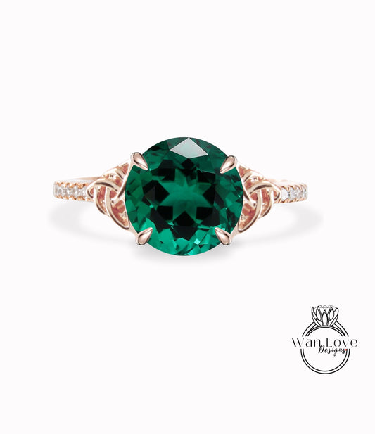 Emerald & Diamond Celtic Knot Round Engagement Ring, Custom, Wedding, Anniversary, Double,14k 18k White Yellow Rose Gold,Platinum Wan Love Designs