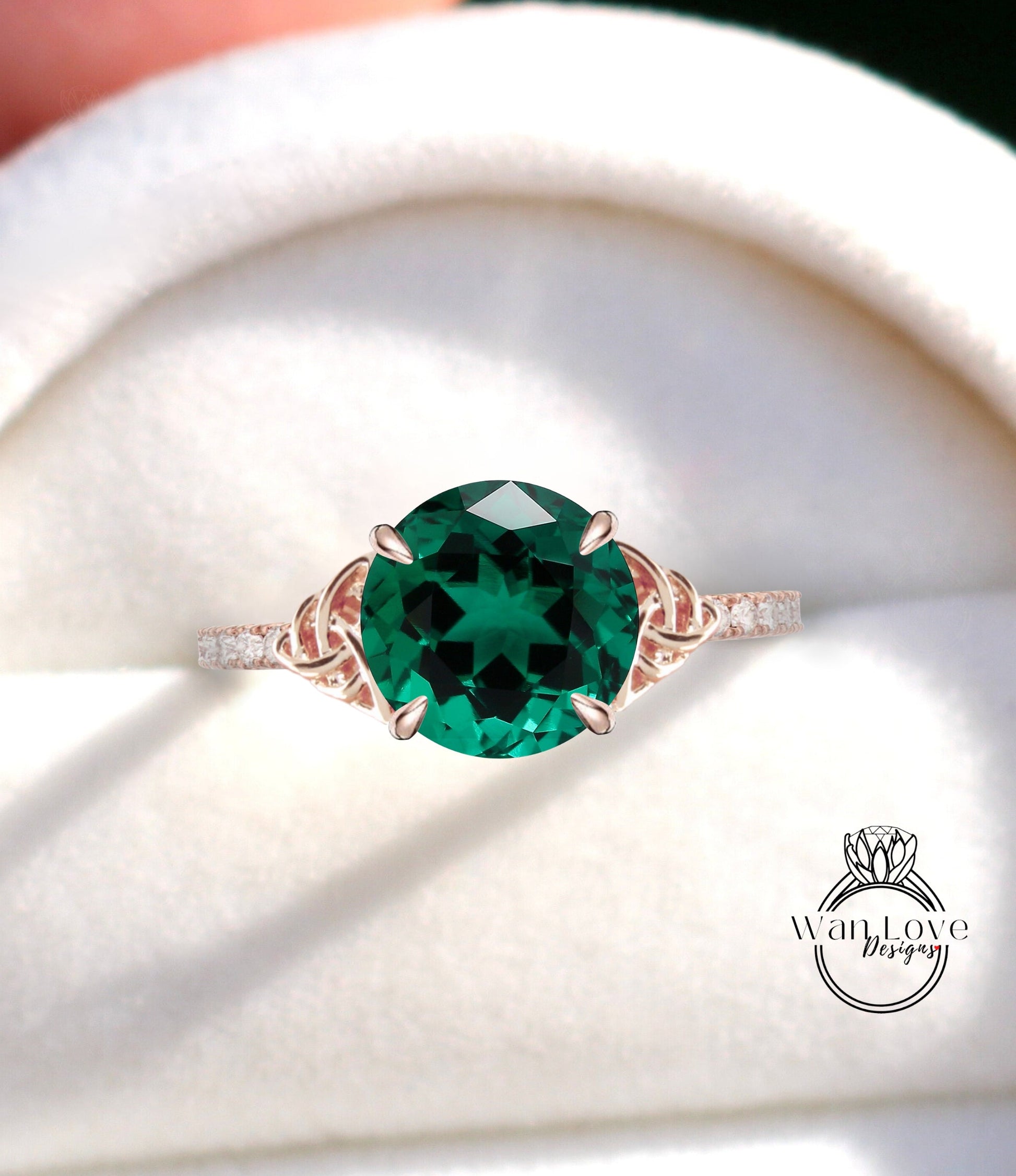 Emerald & Diamond Celtic Knot Round Engagement Ring, Custom, Wedding, Anniversary, Double,14k 18k White Yellow Rose Gold,Platinum Wan Love Designs