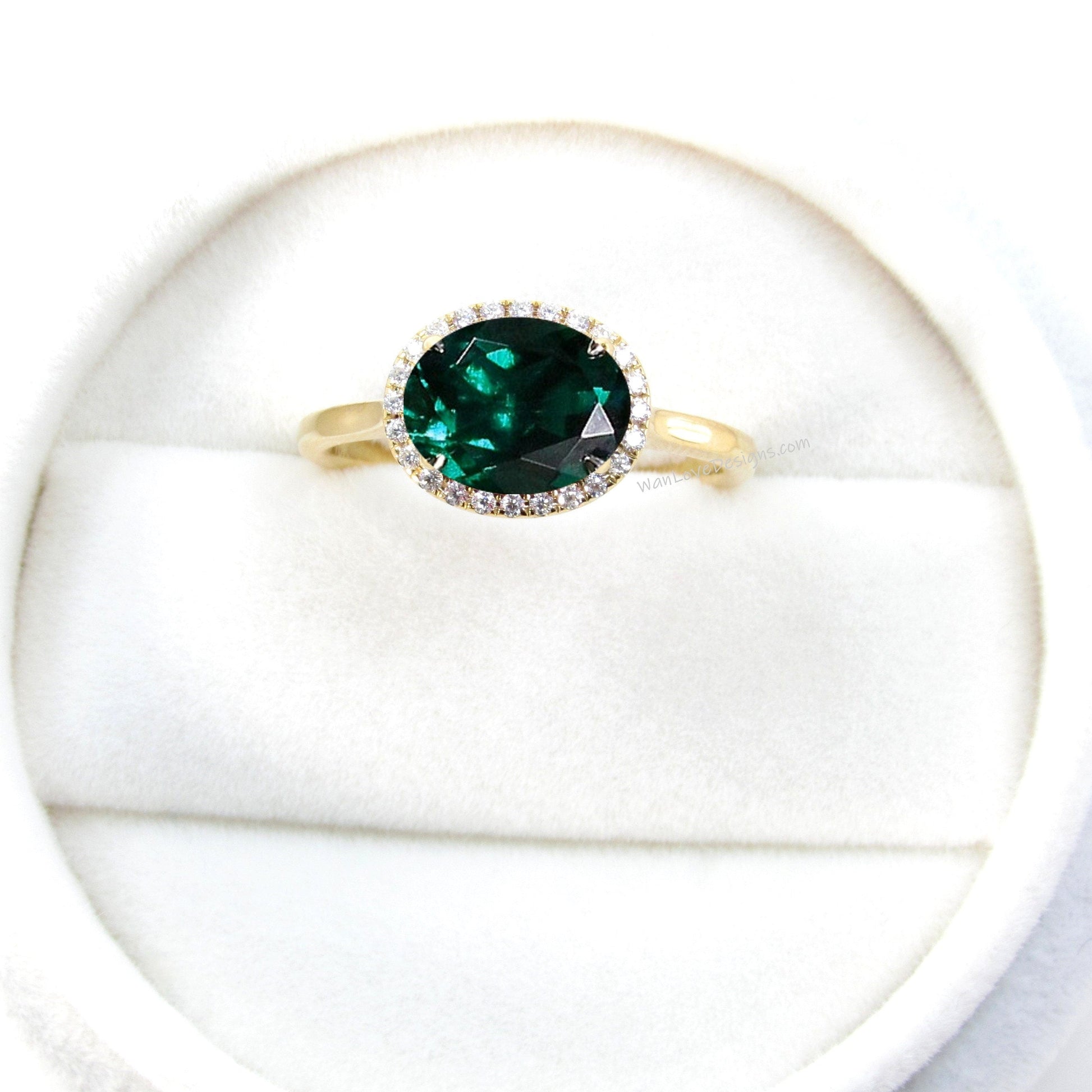 Emerald & Diamond East West Oval Halo with Plain Band Engagement Ring, Custom-14kt 18kt White Rose Yellow Gold, Platinum Wan Love Designs