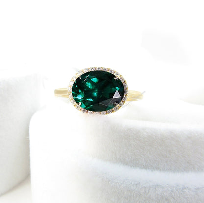 Emerald & Diamond East West Oval Halo with Plain Band Engagement Ring, Custom-14kt 18kt White Rose Yellow Gold, Platinum Wan Love Designs