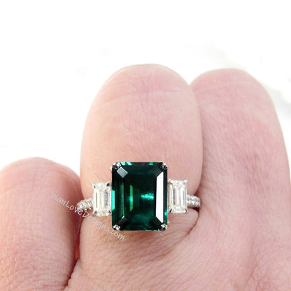 Emerald Diamond Emerald Baguette cut 3 gem stone Engagement Ring 4ct 10x8mm 14k White Yellow Rose Gold Platinum Custom Wedding Anniversary Wan Love Designs
