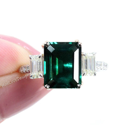 Emerald Diamond Emerald Baguette cut 3 gem stone Engagement Ring 4ct 10x8mm 14k White Yellow Rose Gold Platinum Custom Wedding Anniversary Wan Love Designs