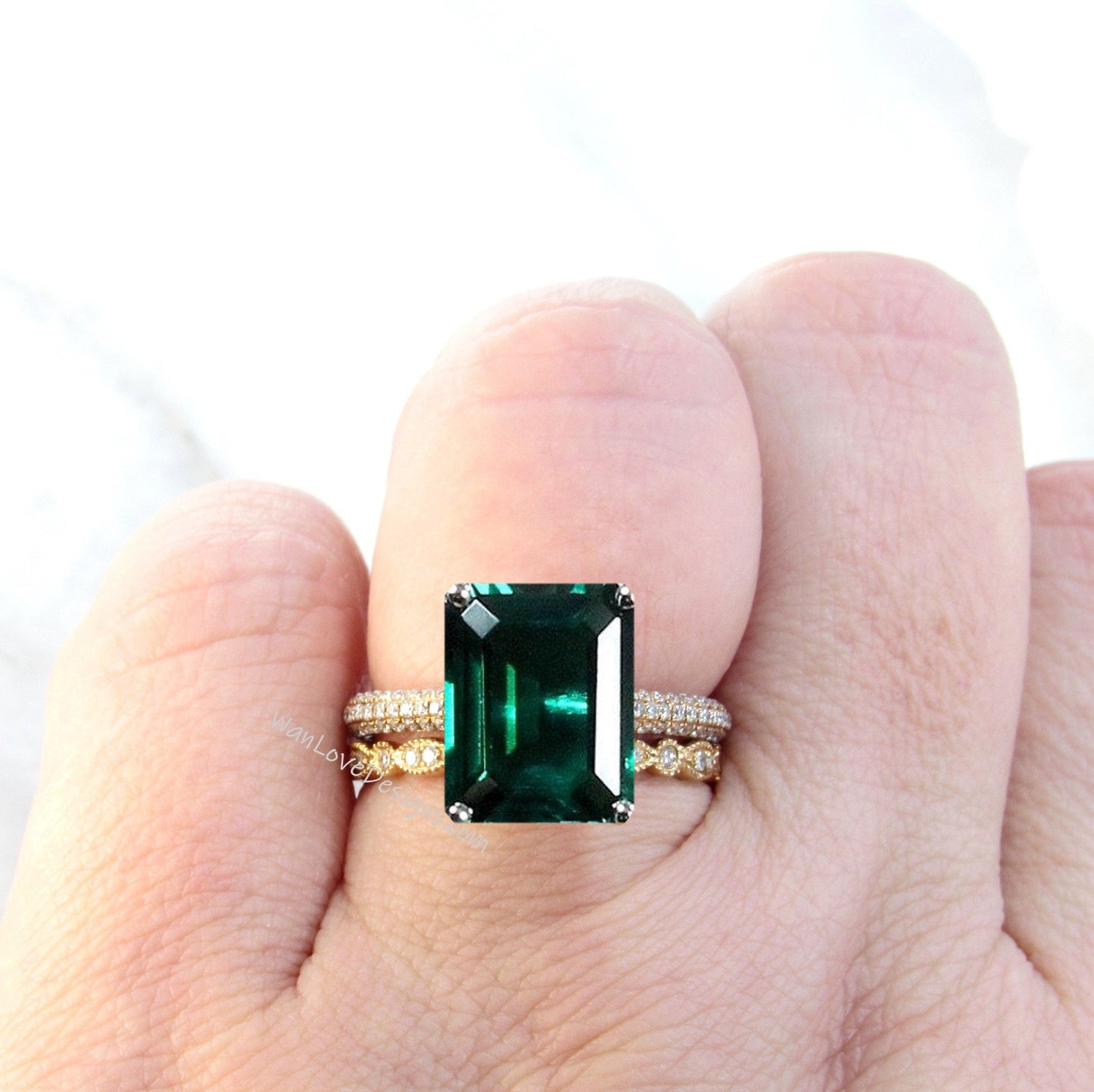 Emerald & Diamond Emerald Radiant Engagement Ring Set, Milgrain Leaf Eternity Wedding Band, Celebrity Style, Custom made, Anniversary Gift Wan Love Designs