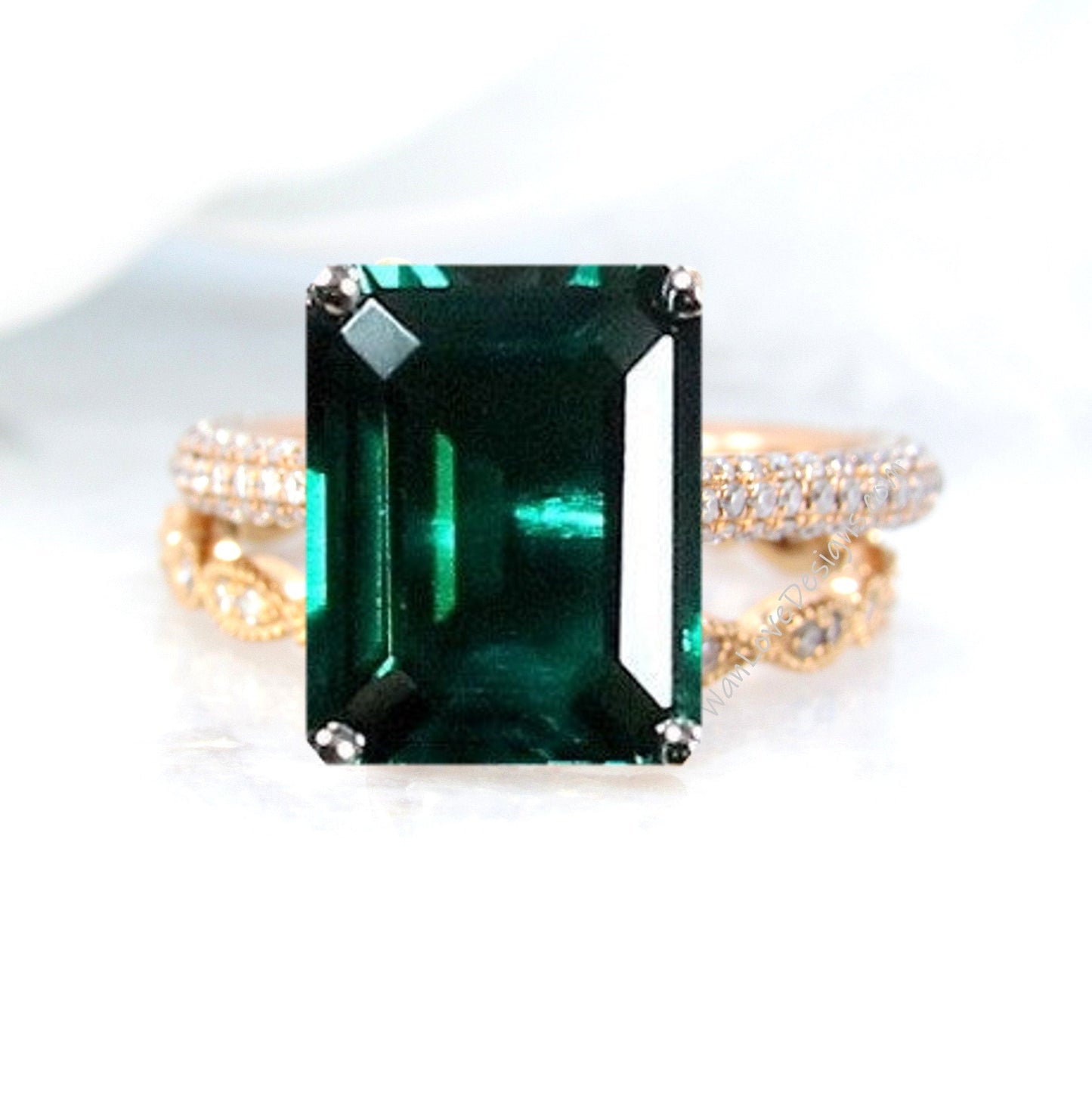 Emerald & Diamond Emerald Radiant Engagement Ring Set, Milgrain Leaf Eternity Wedding Band, Celebrity Style, Custom made, Anniversary Gift Wan Love Designs