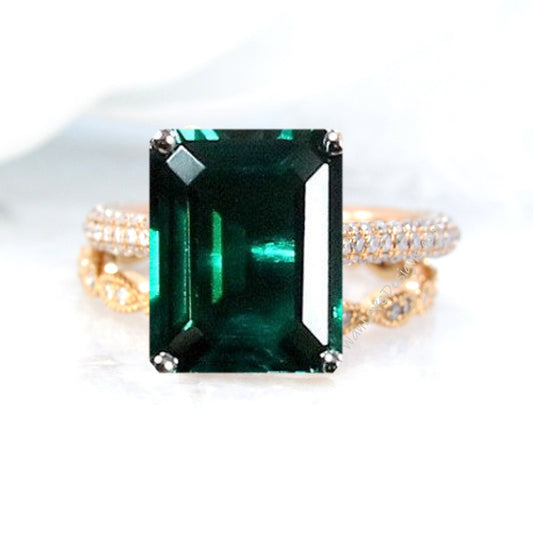 Emerald & Diamond Emerald Radiant Engagement Ring Set, Milgrain Leaf Eternity Wedding Band, Celebrity Style, Custom made, Anniversary Gift Wan Love Designs