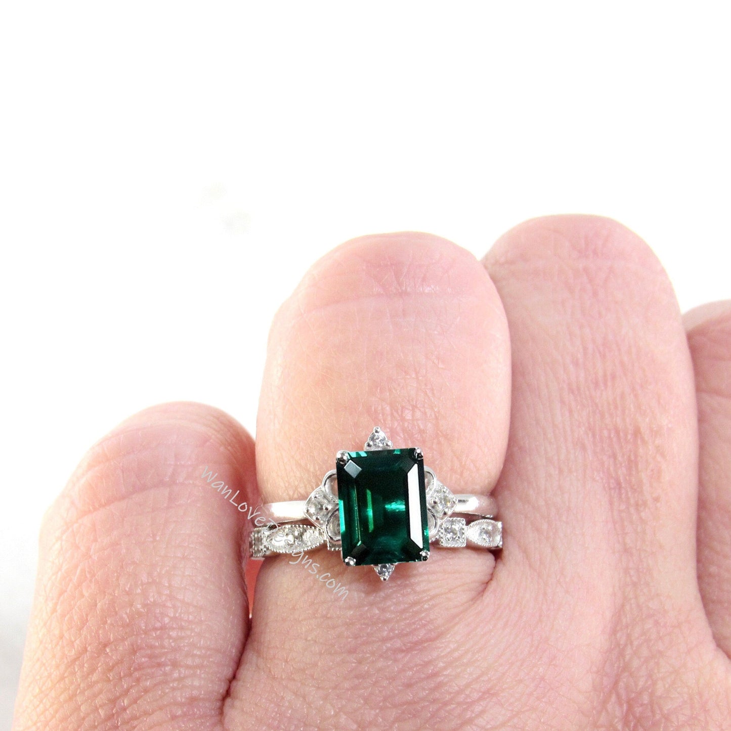 Emerald & Diamond Emerald cut Engagement Ring Set,Full Eternity Wedding Band Custom-14k 18k White Yellow Rose Gold-Platinum Wan Love Designs