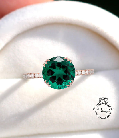 Emerald & Diamond Engagement Ring 3 triple fishtail prongs ring half eternity ring diamond round Bridal Anniversary promise Ring gift Wan Love Designs