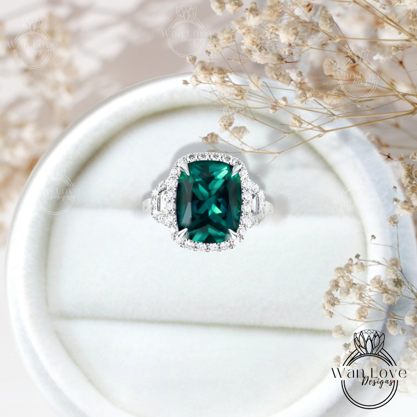 Emerald & Diamond Engagement Ring, 4 Ct Diamond Halo Wedding Ring, Three stone Ring Anniversary Ring Gift Bridal statement Cocktail ring Wan Love Designs