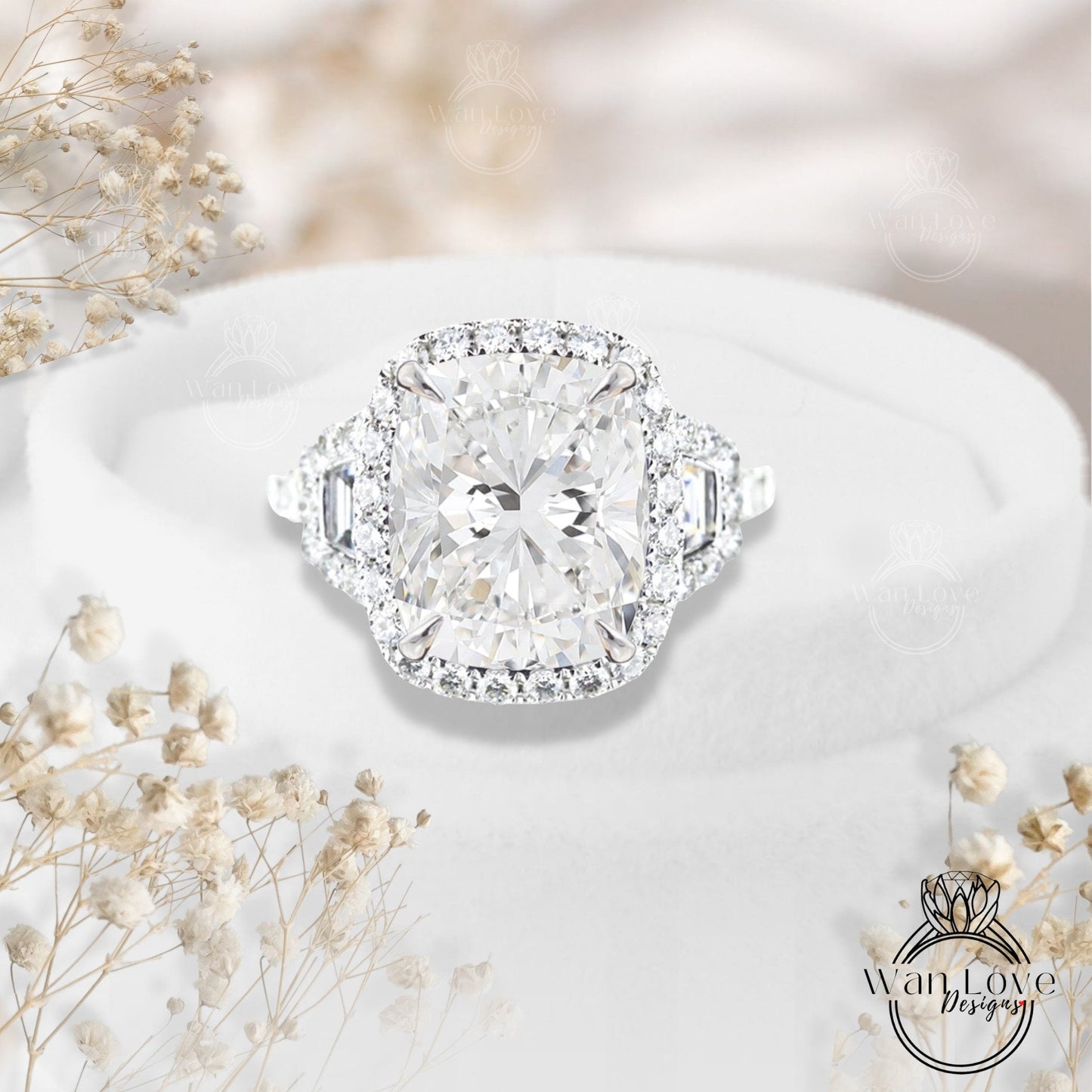 Emerald & Diamond Engagement Ring, 4 Ct Diamond Halo Wedding Ring, Three stone Ring Anniversary Ring Gift Bridal statement Cocktail ring Wan Love Designs