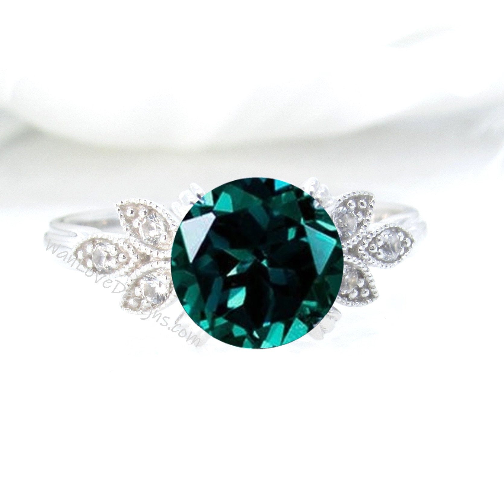 Emerald & Diamond Engagement Ring, Milgrain Leaf Nature, Antique Vintage style, 14k White Yellow Rose Gold-Platinum-Custom, WanLoveDesigns Wan Love Designs