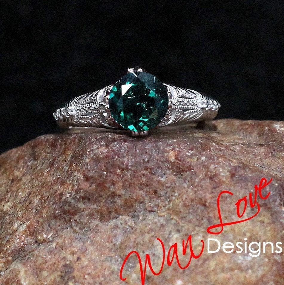 Emerald & Diamond Engraved Antique Engraving Round Engagement Ring, Custom-14k 18k White Yellow Rose Gold-Platinum-Wedding-Anniversary Gift Wan Love Designs