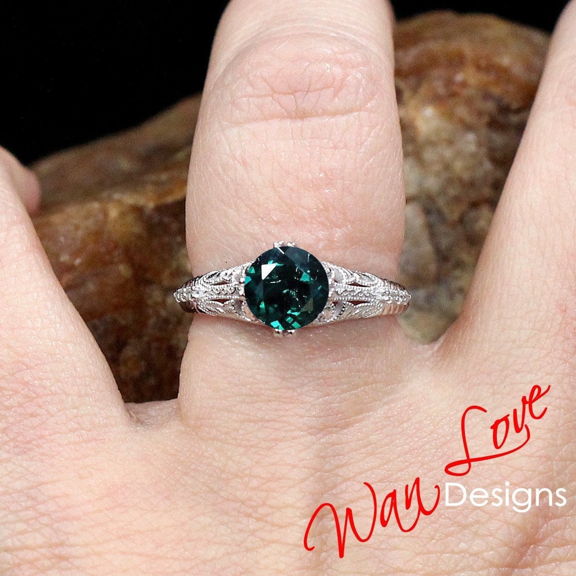 Emerald & Diamond Engraved Antique Engraving Round Engagement Ring, Custom-14k 18k White Yellow Rose Gold-Platinum-Wedding-Anniversary Gift Wan Love Designs