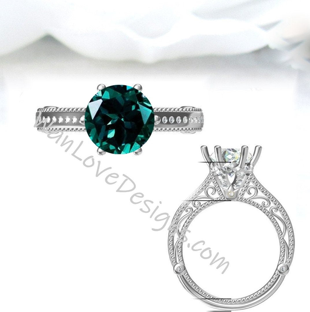Emerald & Diamond Filigree Milgrain Flower Engagement Ring Round Custom-14k 18k White Rose Yellow Gold,Platinum,Wedding,Anniversary Wan Love Designs