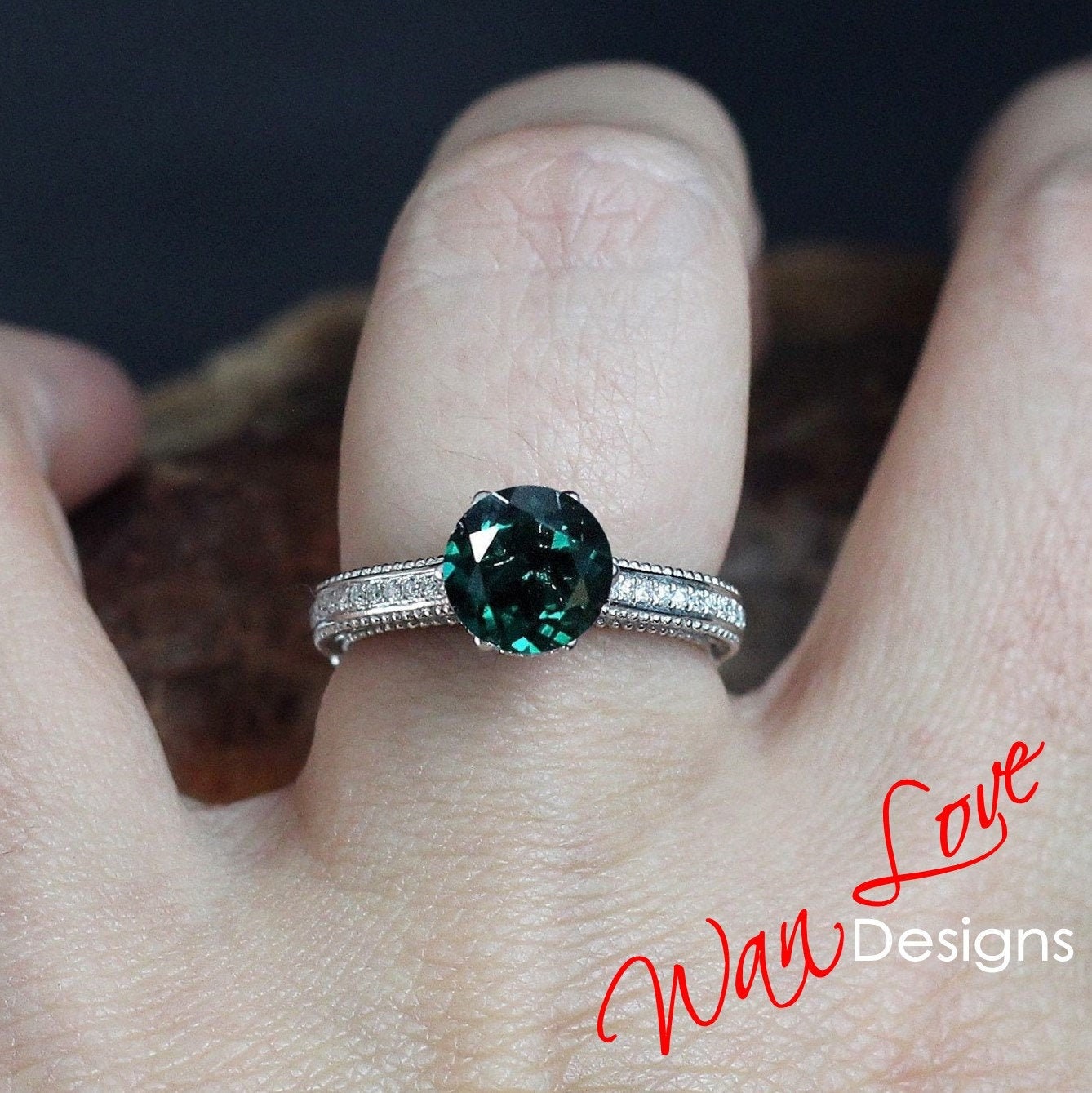Emerald & Diamond Filigree Milgrain Flower Engagement Ring Round Custom-14k 18k White Rose Yellow Gold,Platinum,Wedding,Anniversary Wan Love Designs