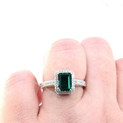 Emerald & Diamond Halo Antique Filigree Emerald Engagement Ring, 14k 18k White Yellow Rose Gold-Platinum-Wedding-Anniversary Wan Love Designs