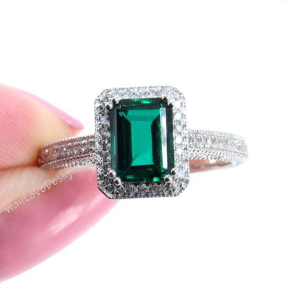 Emerald & Diamond Halo Antique Filigree Emerald Engagement Ring, 14k 18k White Yellow Rose Gold-Platinum-Wedding-Anniversary Wan Love Designs