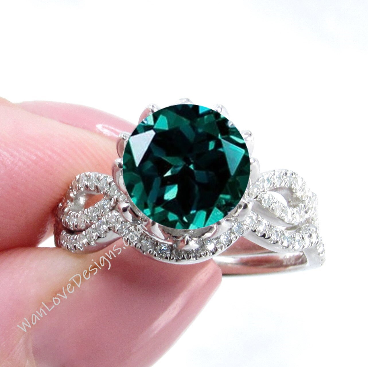 Emerald & Diamond Lotus Flower Infinity Twist Shank Engagement Ring Set, Curved Nesting Wedding Band, 14kt 18kt gold-Platinum-Custom Wan Love Designs