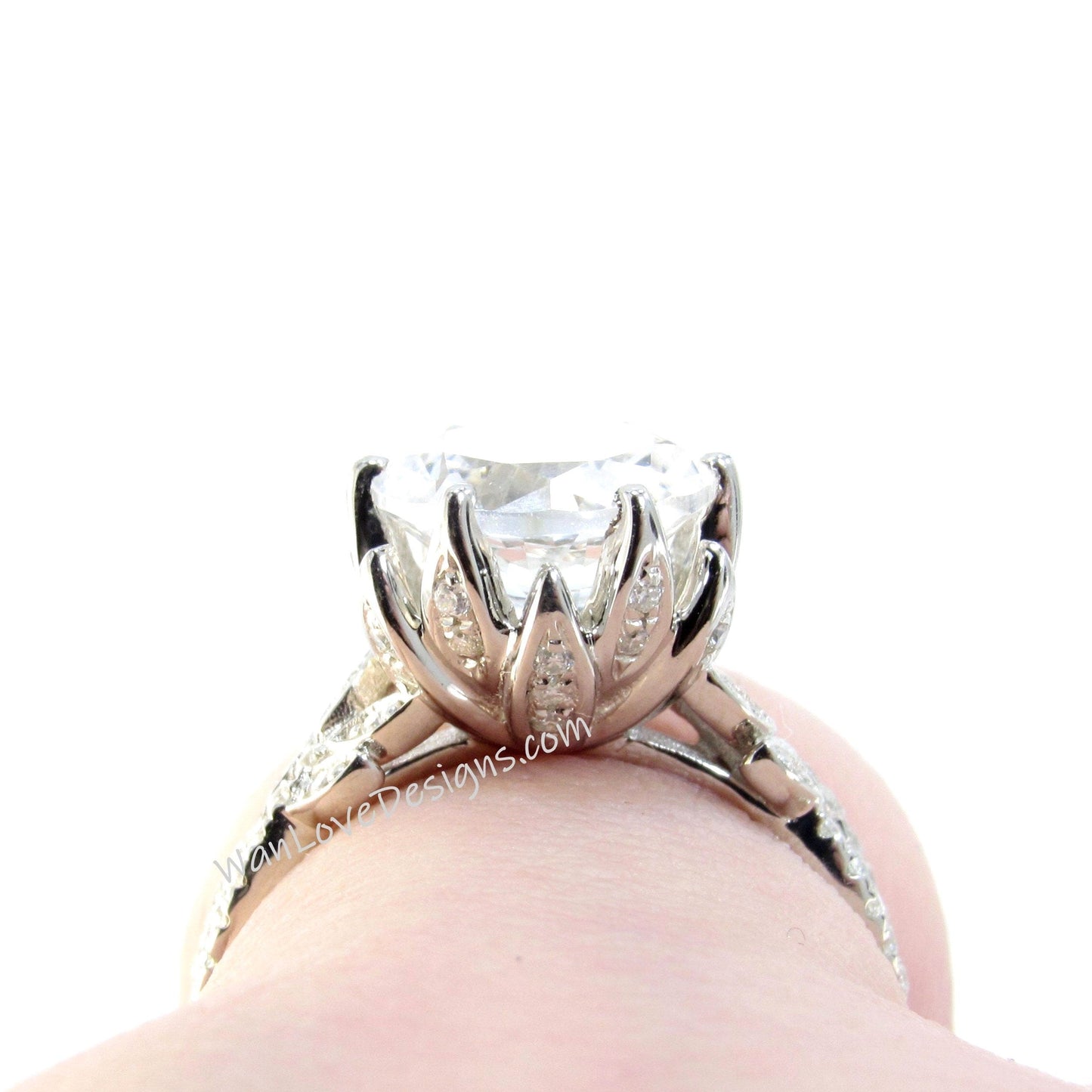 Emerald & Diamond Lotus Flower Split Shank Leaf Engagement Ring, 14k 18k White Yellow Rose Gold, Platinum,Custom,Wedding,Anniversary Wan Love Designs