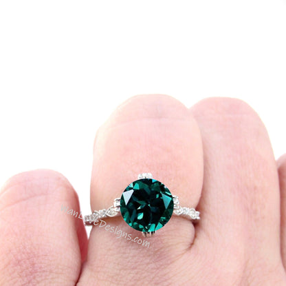 Emerald & Diamond Milgrain Antique Scalloped Triple Fishtail prong Round Engagement Ring, Custom-Wedding-14kt 18kt Gold-Platinum,Anniversary Wan Love Designs