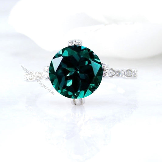 Emerald & Diamond Milgrain Antique Scalloped Triple Fishtail prong Round Engagement Ring, Custom-Wedding-14kt 18kt Gold-Platinum,Anniversary Wan Love Designs