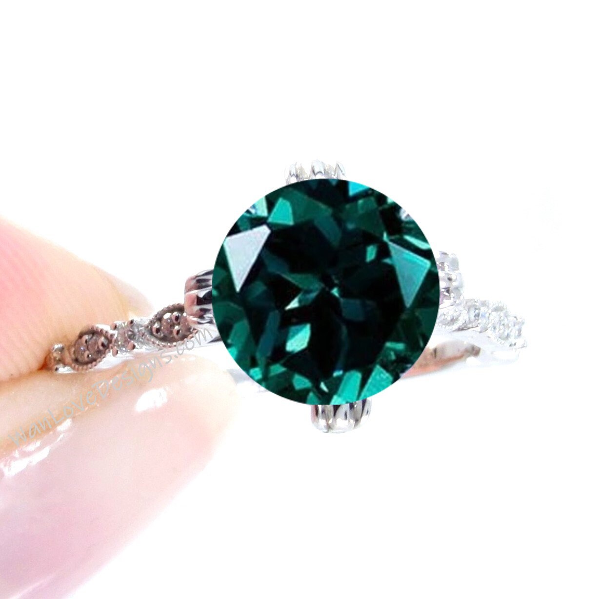 Emerald & Diamond Milgrain Antique Scalloped Triple Fishtail prong Round Engagement Ring, Custom-Wedding-14kt 18kt Gold-Platinum,Anniversary Wan Love Designs