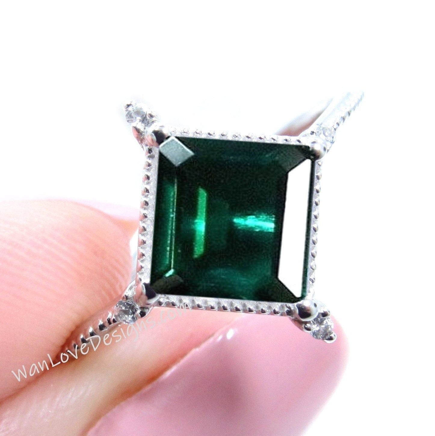 Emerald & Diamond Milgrain Kite NSEW Princess Engagement Ring, Custom, 14k 18k White Yellow Rose Gold-Platinum,Wedding, WanLoveDesigns Wan Love Designs