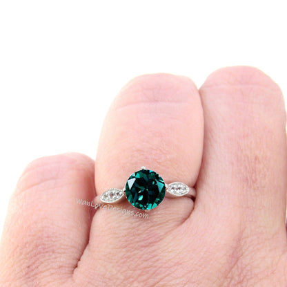 Emerald & Diamond Milgrain Leaf Engagement Ring Round, 14k 18k White Yellow Rose Gold-Platinum-Custom-Wedding-Aniversary, WanLoveDesigns Wan Love Designs