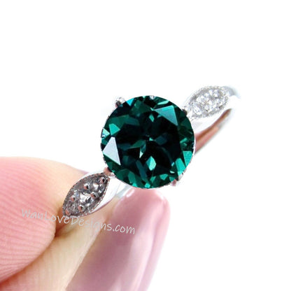 Emerald & Diamond Milgrain Leaf Engagement Ring Round, 14k 18k White Yellow Rose Gold-Platinum-Custom-Wedding-Aniversary, WanLoveDesigns Wan Love Designs