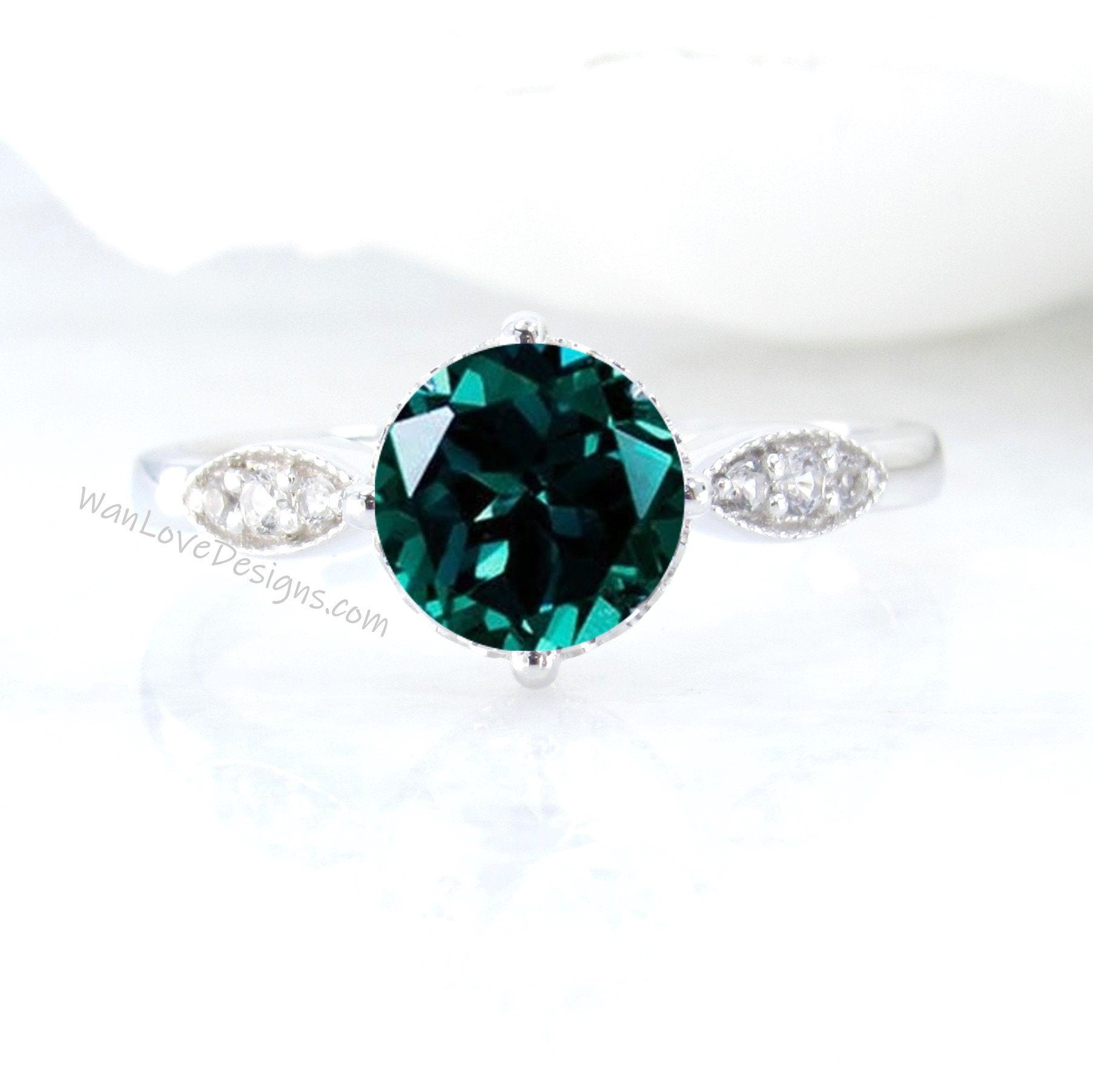 Emerald & Diamond Milgrain Leaf Engagement Ring Round, 14k 18k White Yellow Rose Gold-Platinum-Custom-Wedding-Aniversary, WanLoveDesigns Wan Love Designs