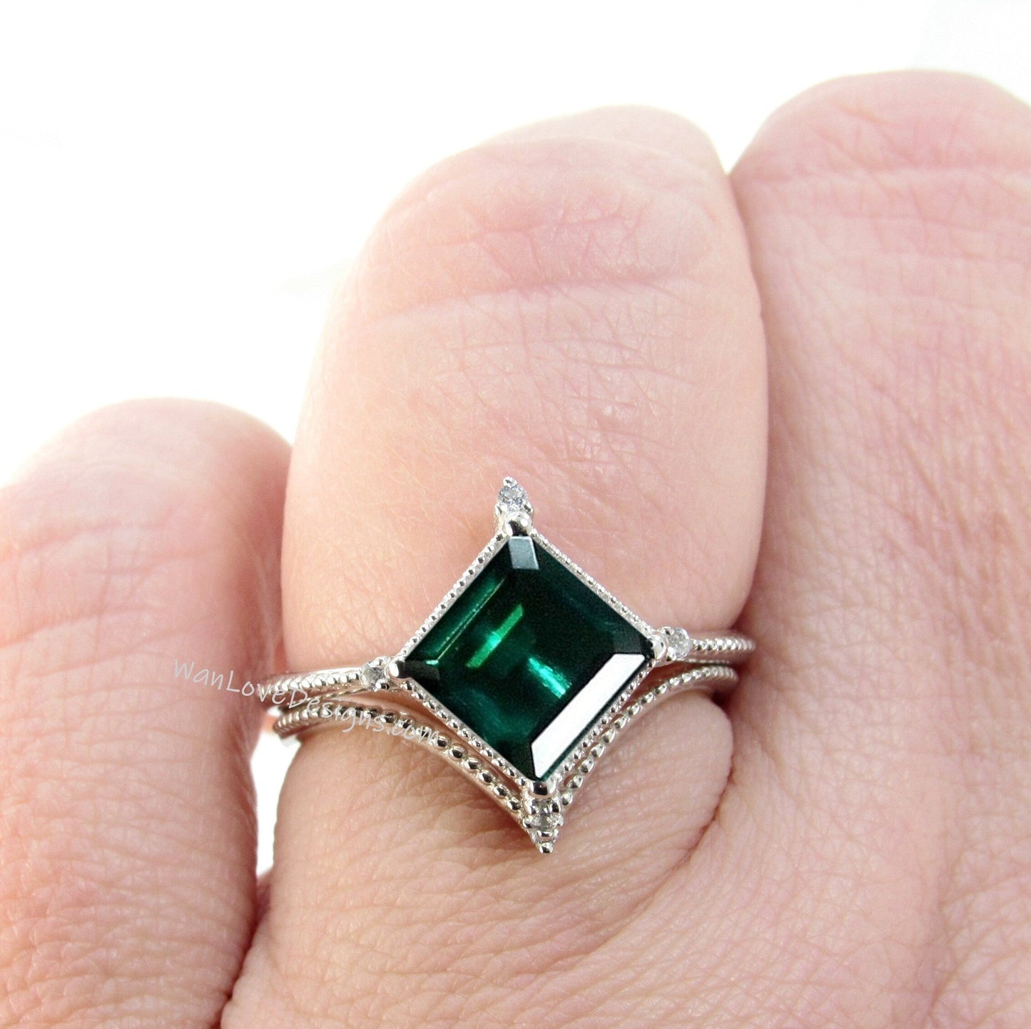 Emerald & Diamond Milgrain Princess Kite NSEW Engagement Ring Set, V Chevron Wedding Band, Custom, 14k 18k White Yellow Rose Gold, Platinum Wan Love Designs