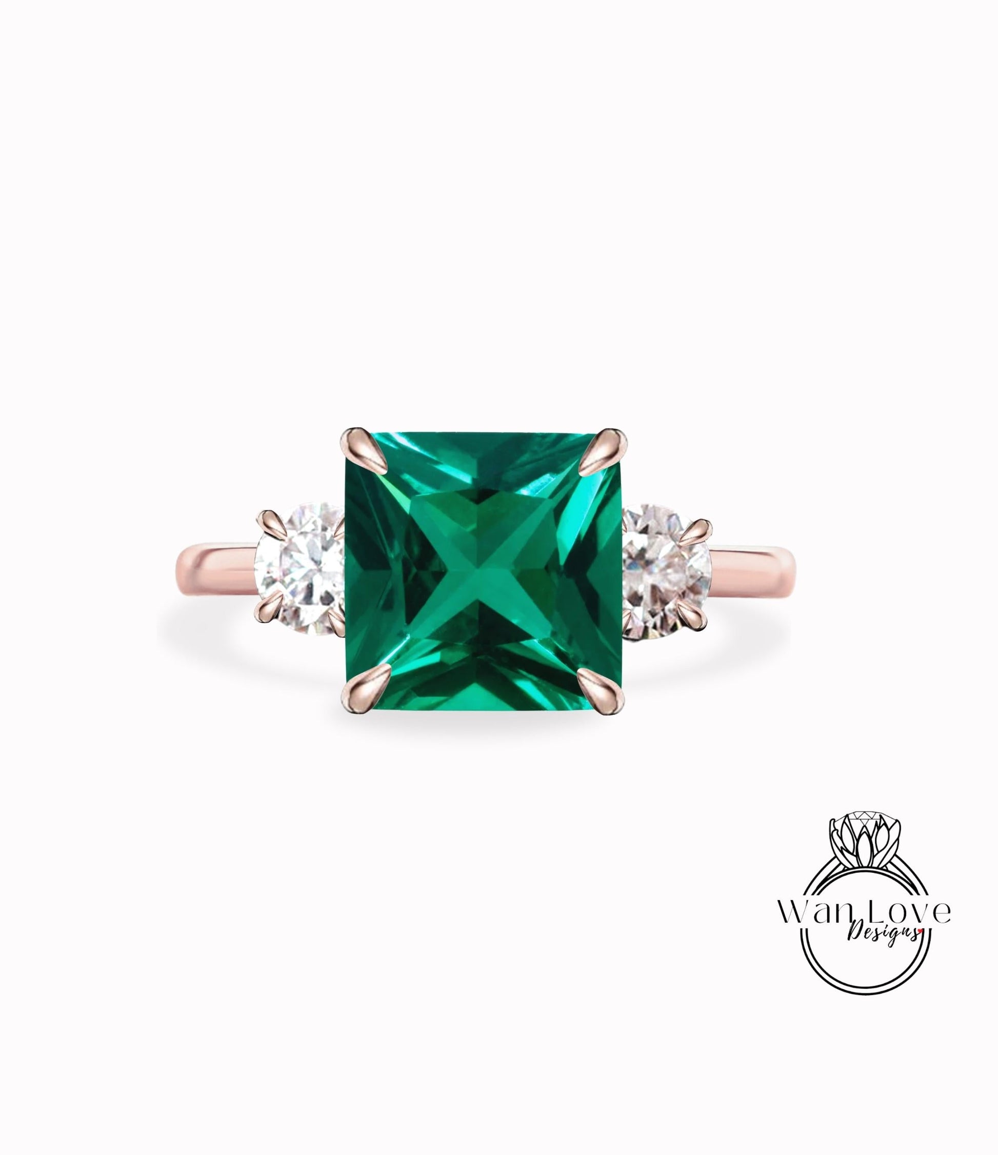 Emerald & Diamond Moissanite 3 Gem Stone Princess Round Engagement Ring, 14k 18k White Rose Yellow Gold,Platinum,Anniversary Gift Wan Love Designs