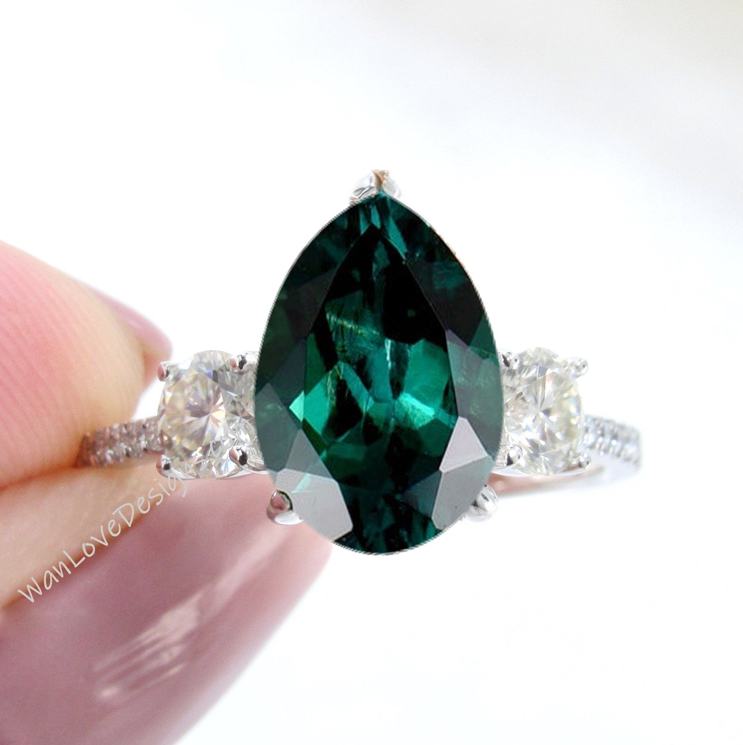 Emerald Diamond Moissanite Pear Round 3 Stone Minimalist Dainty Engagement Ring Wedding Anniversary Gift Wan Love Designs