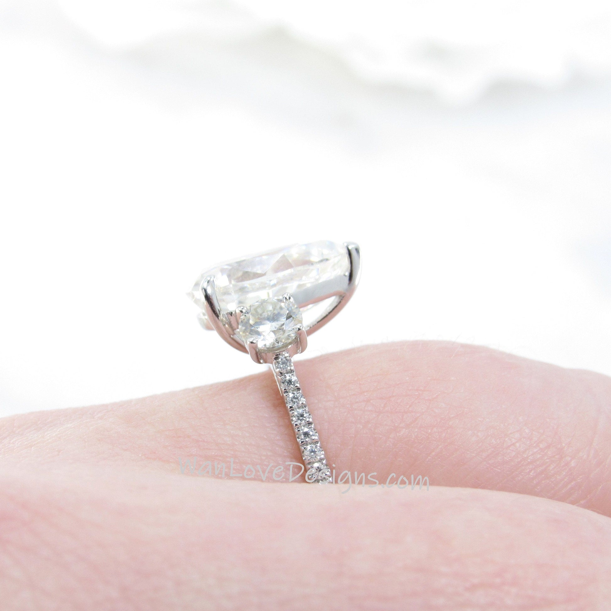 Emerald Diamond Moissanite Pear Round 3 Stone Minimalist Dainty Engagement Ring Wedding Anniversary Gift Wan Love Designs