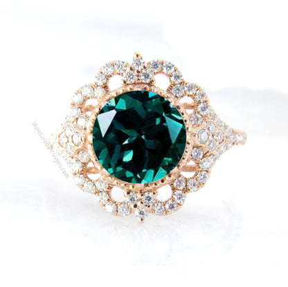 Emerald & Diamond Ornate Floral Halo Engagement Ring, Round 8 prong, 14k 18k Gold-Platinum-Custom-Wedding-Anniversary Gift Wan Love Designs