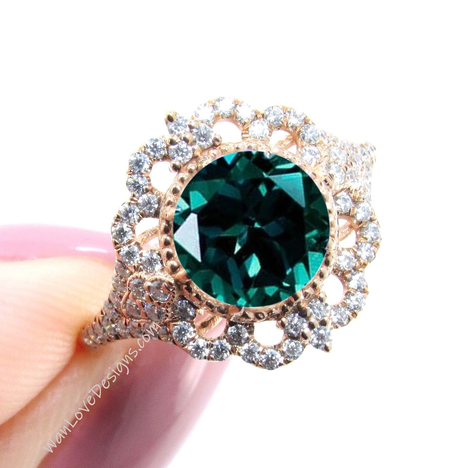 Emerald & Diamond Ornate Floral Halo Engagement Ring, Round 8 prong, 14k 18k Gold-Platinum-Custom-Wedding-Anniversary Gift Wan Love Designs