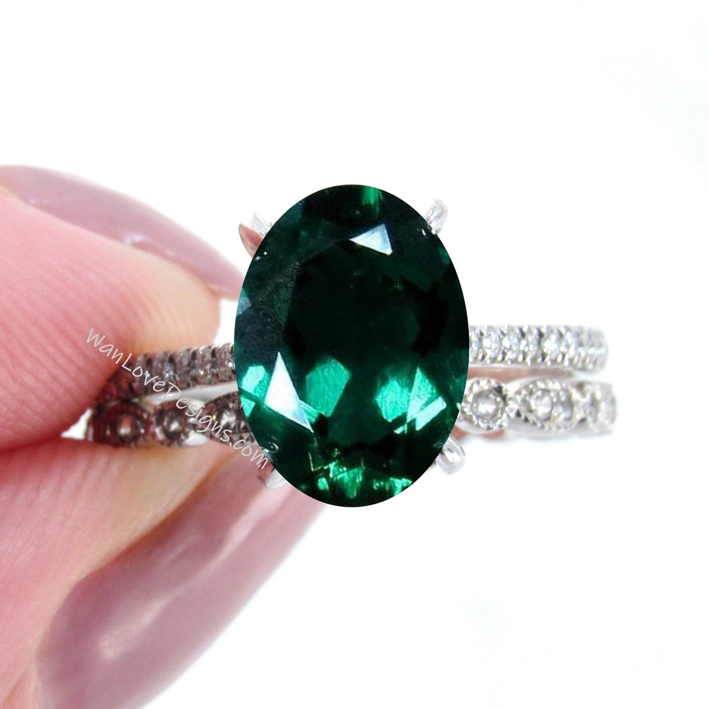 Emerald & Diamond Oval Engagement Ring Set,Eternity Leaf Milgrain Wedding Band Custom-14k 18k White-Yellow-Rose Gold-Platinum Wan Love Designs