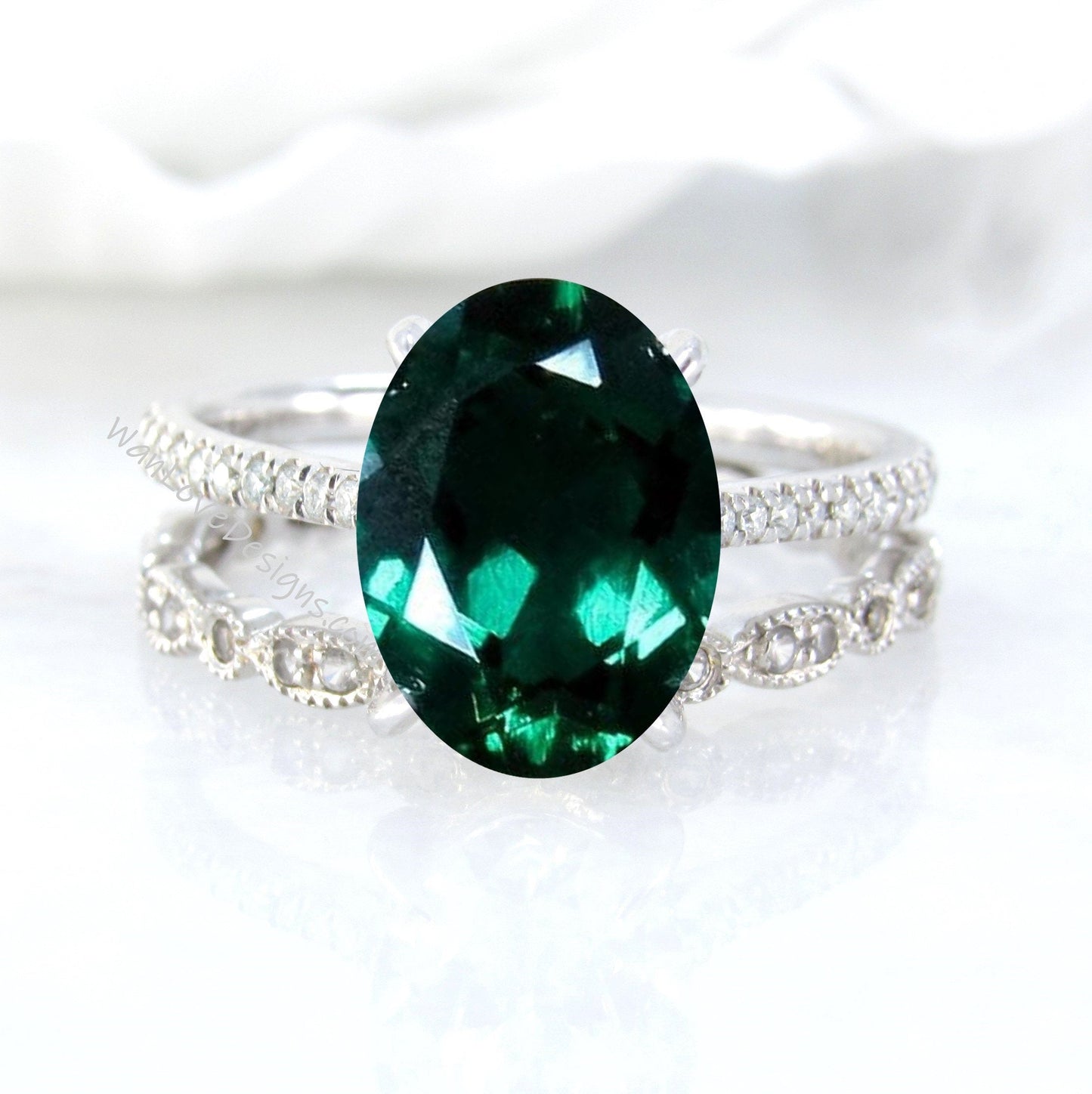 Emerald & Diamond Oval Engagement Ring Set,Eternity Leaf Milgrain Wedding Band Custom-14k 18k White-Yellow-Rose Gold-Platinum Wan Love Designs