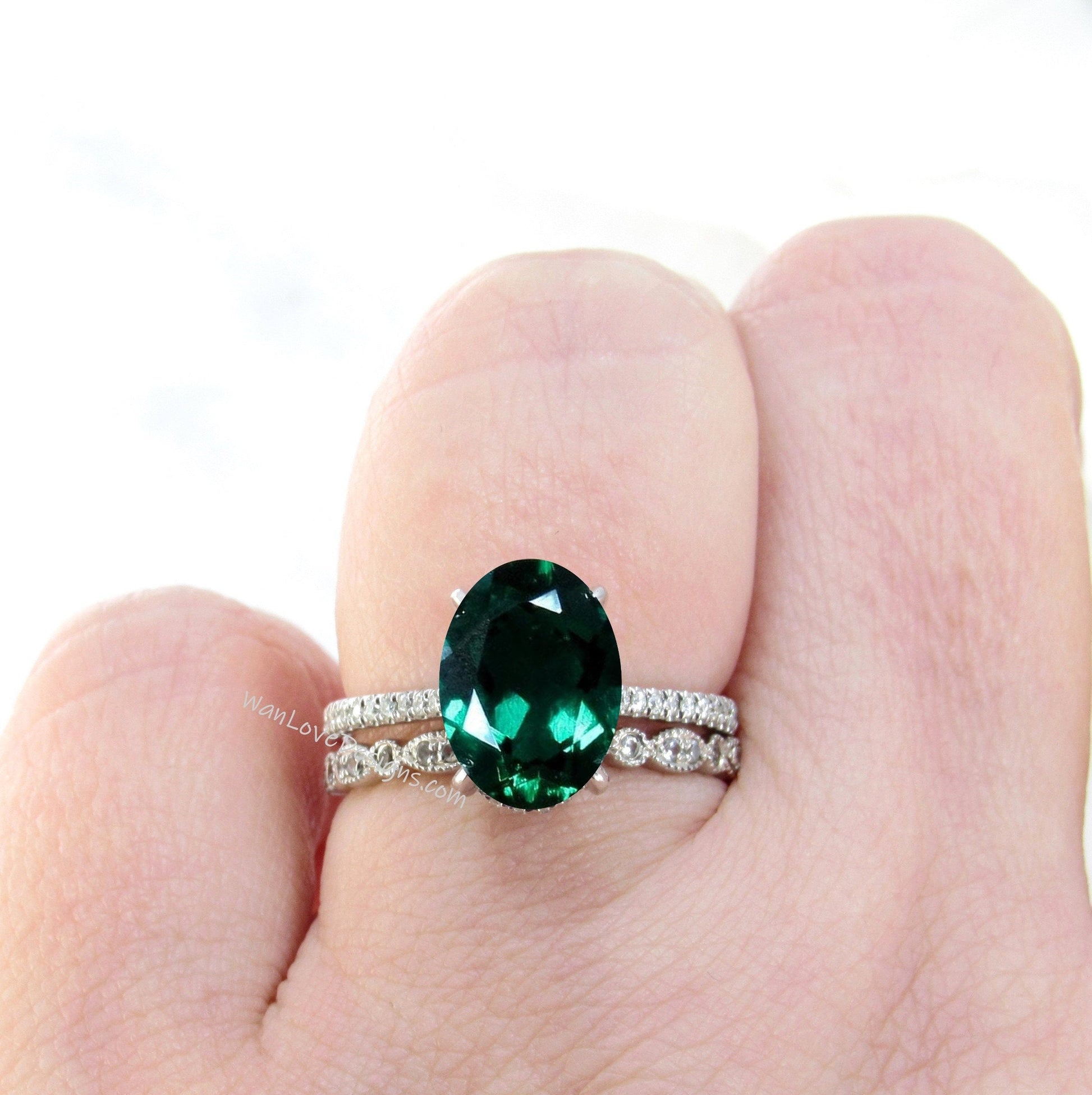 Emerald & Diamond Oval Engagement Ring Set,Eternity Leaf Milgrain Wedding Band Custom-14k 18k White-Yellow-Rose Gold-Platinum Wan Love Designs