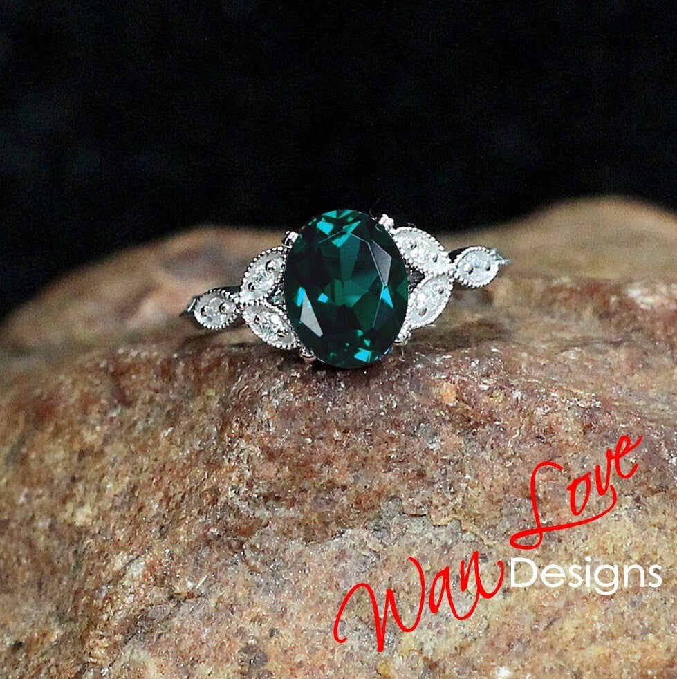 Emerald & Diamond Oval Leaf Milgrain Engraved Engagement Ring Set, Contoured Leaf Wedding Band, Custom,Wedding,Anniversary Gift Wan Love Designs