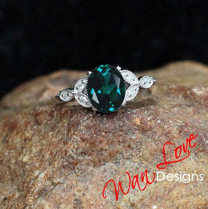 Emerald & Diamond Oval Leaf Milgrain Engraved Engagement Ring Set, Contoured Leaf Wedding Band, Custom,Wedding,Anniversary Gift Wan Love Designs