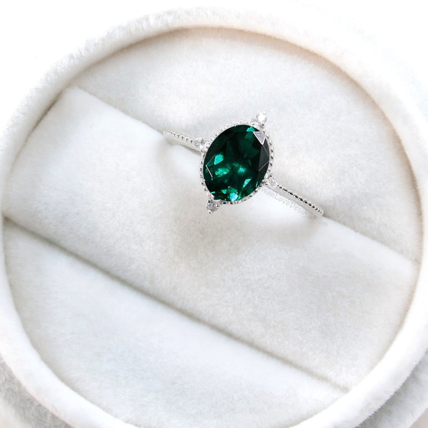 Emerald & Diamond Oval Milgrain Engagement Ring, 14k 18k White Yellow Rose Gold, Platinum, Custom, Wedding, North Star, WanLoveDesigns Wan Love Designs
