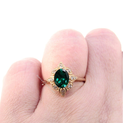 Emerald & Diamond Oval Milgrain Halo Engagement Ring, plain shank, 14k White Yellow Rose Gold,Platinum,Custom,Wedding, WanLoveDesigns Wan Love Designs