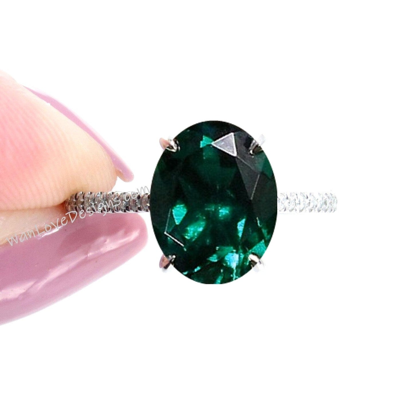 Emerald & Diamond Oval Side Halo Engagement Ring, Halfway Half Eternity Celebrity Ring, Custom-Wedding-14k 18k gold-Platinum, WanLoveDesigns Wan Love Designs