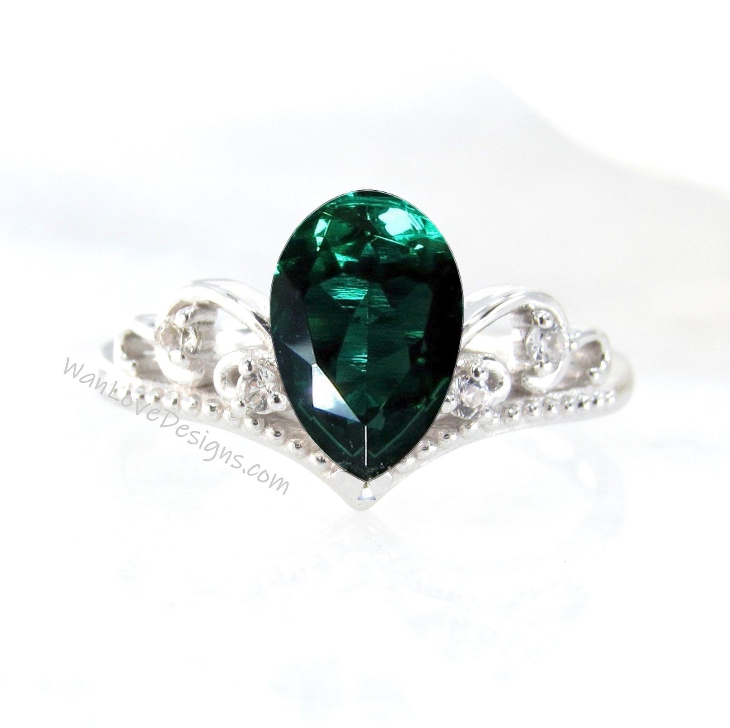 Emerald Diamond Pear Crown Tiara Royal Princess V Contoured Engagement Ring, Custom, 14kt 18kt Gold, Platinum, WanLoveDesigns Wan Love Designs