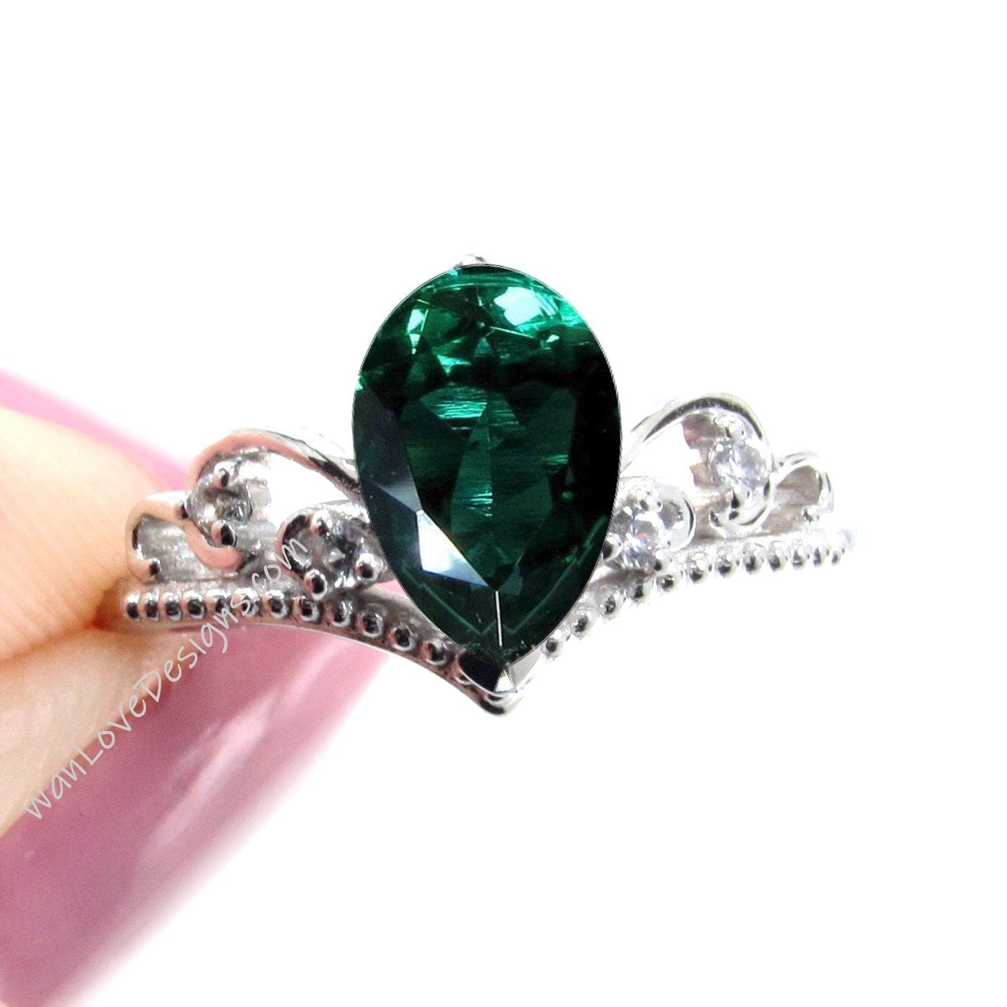Emerald Diamond Pear Crown Tiara Royal Princess V Contoured Engagement Ring, Custom, 14kt 18kt Gold, Platinum, WanLoveDesigns Wan Love Designs