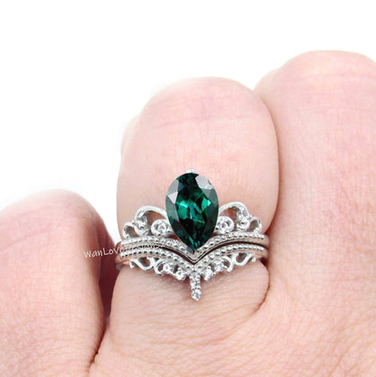 Emerald Diamond Pear Engagement Ring, V Contoured Wedding Band Set,Royal Princess, Custom-14k 18k White Yellow Rose Gold-Platinum Wan Love Designs