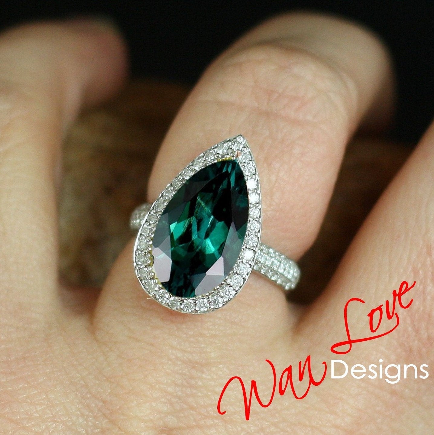 Emerald & Diamond Pear Halo Engagement Ring, 6.5ct, 16x9mm, Custom made for you, Wedding, Anniversary Gift, Proposal, Statement, Large Wan Love Designs