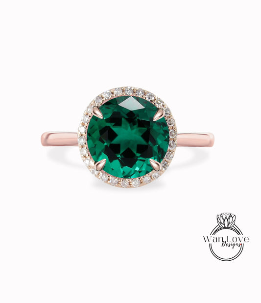Emerald & Diamond Round cut Halo Engagement Ring plain band 14k 18k White Yellow Rose Gold-Platinum-Custom made-Wedding-Anniversary Wan Love Designs