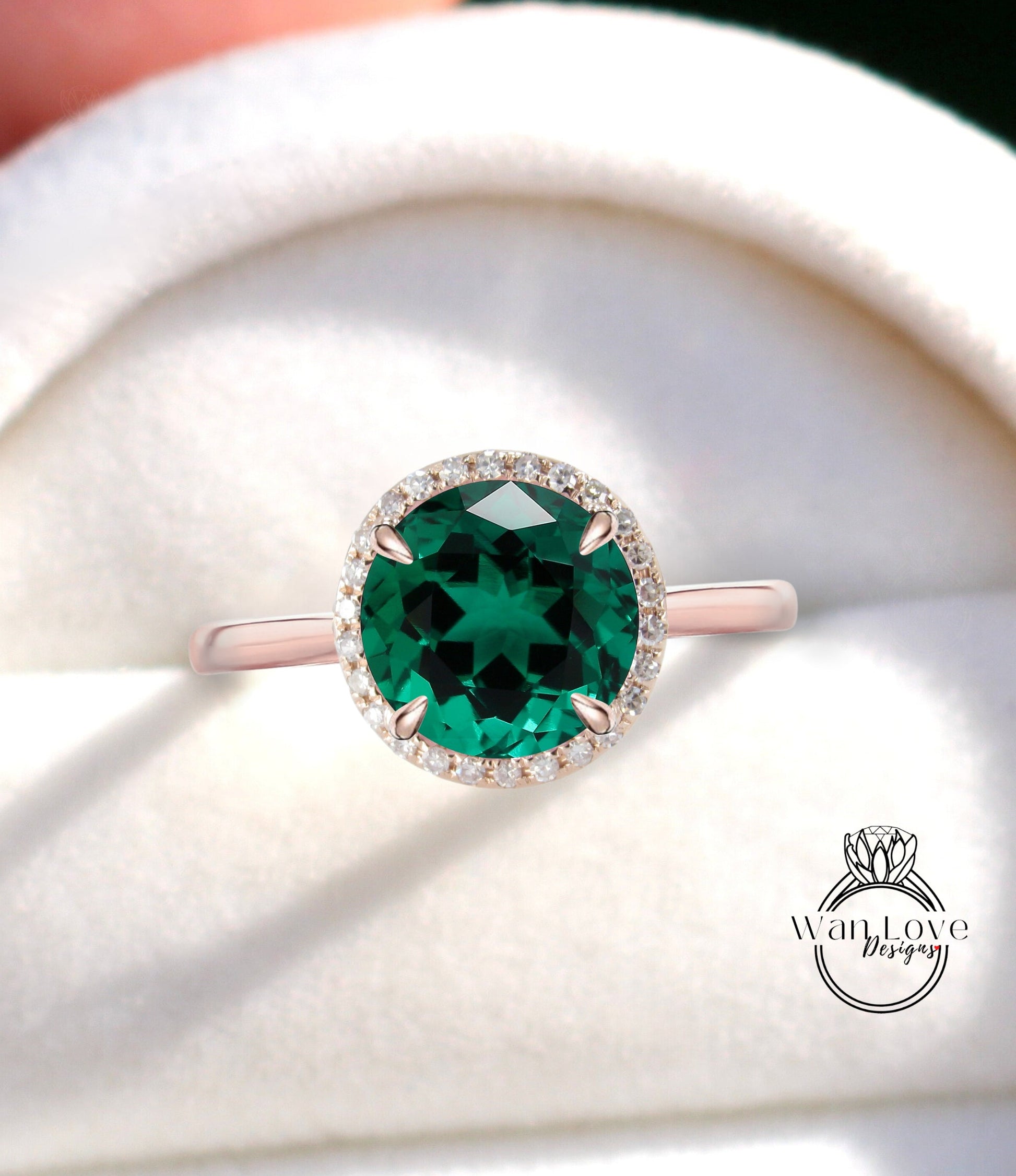 Emerald & Diamond Round cut Halo Engagement Ring plain band 14k 18k White Yellow Rose Gold-Platinum-Custom made-Wedding-Anniversary Wan Love Designs