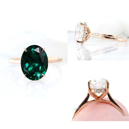 Emerald & Diamond Side Halo plain band Engagement Ring, Custom, 14k 18k White Yellow Rose Gold, Platinum, Wedding, WanLoveDesigns Wan Love Designs